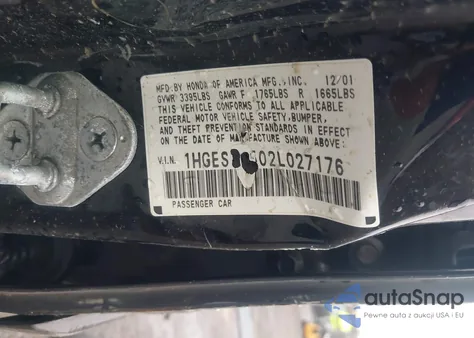 2002 Honda Civic Lx z USA, uszkodzony, nr VIN 1HGES16502L027176
